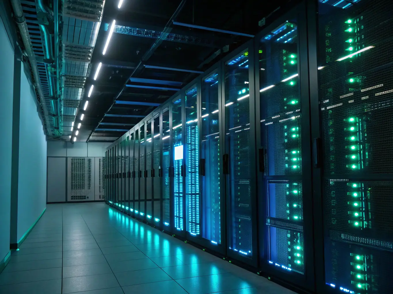 A server room with multiple servers and blinking lights, emphasizing the robust infrastructure and high uptime of DataTel 360's VoIP systems, ensuring reliable communication for Atlanta businesses.