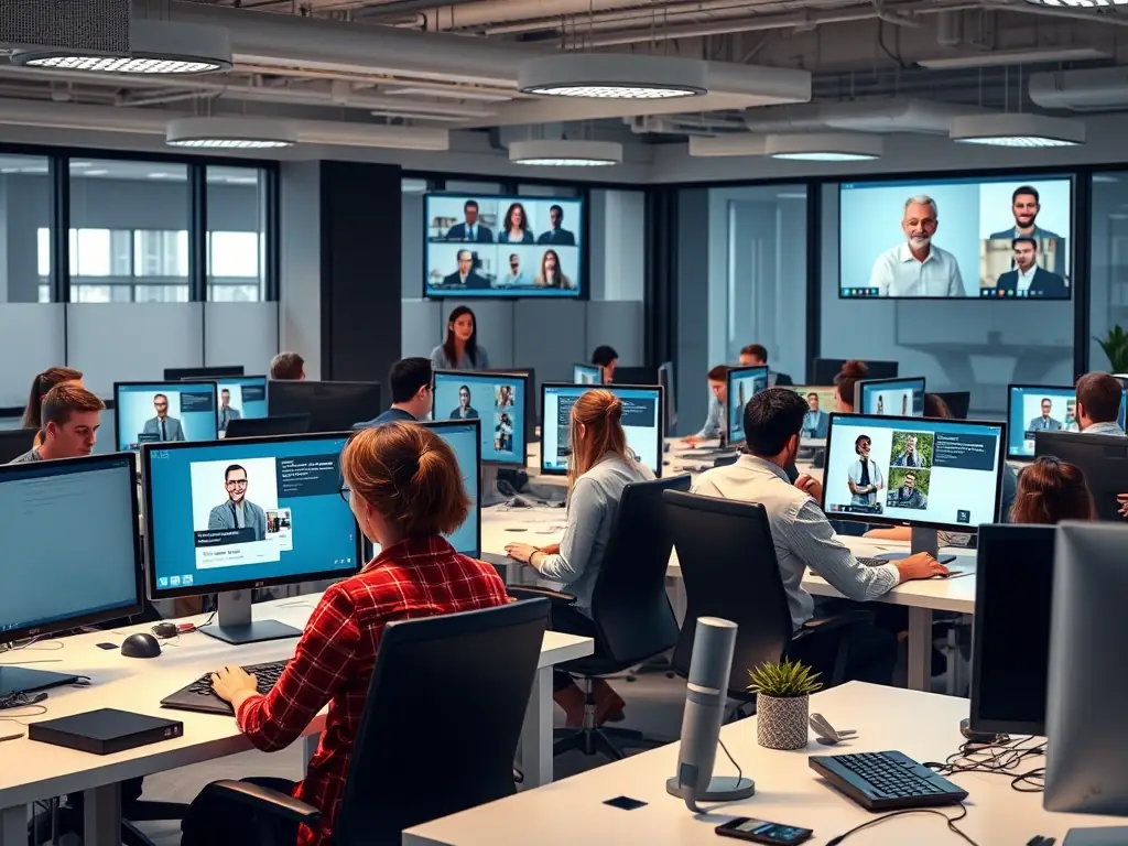 A modern office setting with employees collaborating using VoIP phones and video conferencing, showcasing the versatility and integration of VoIP systems in a business environment.
