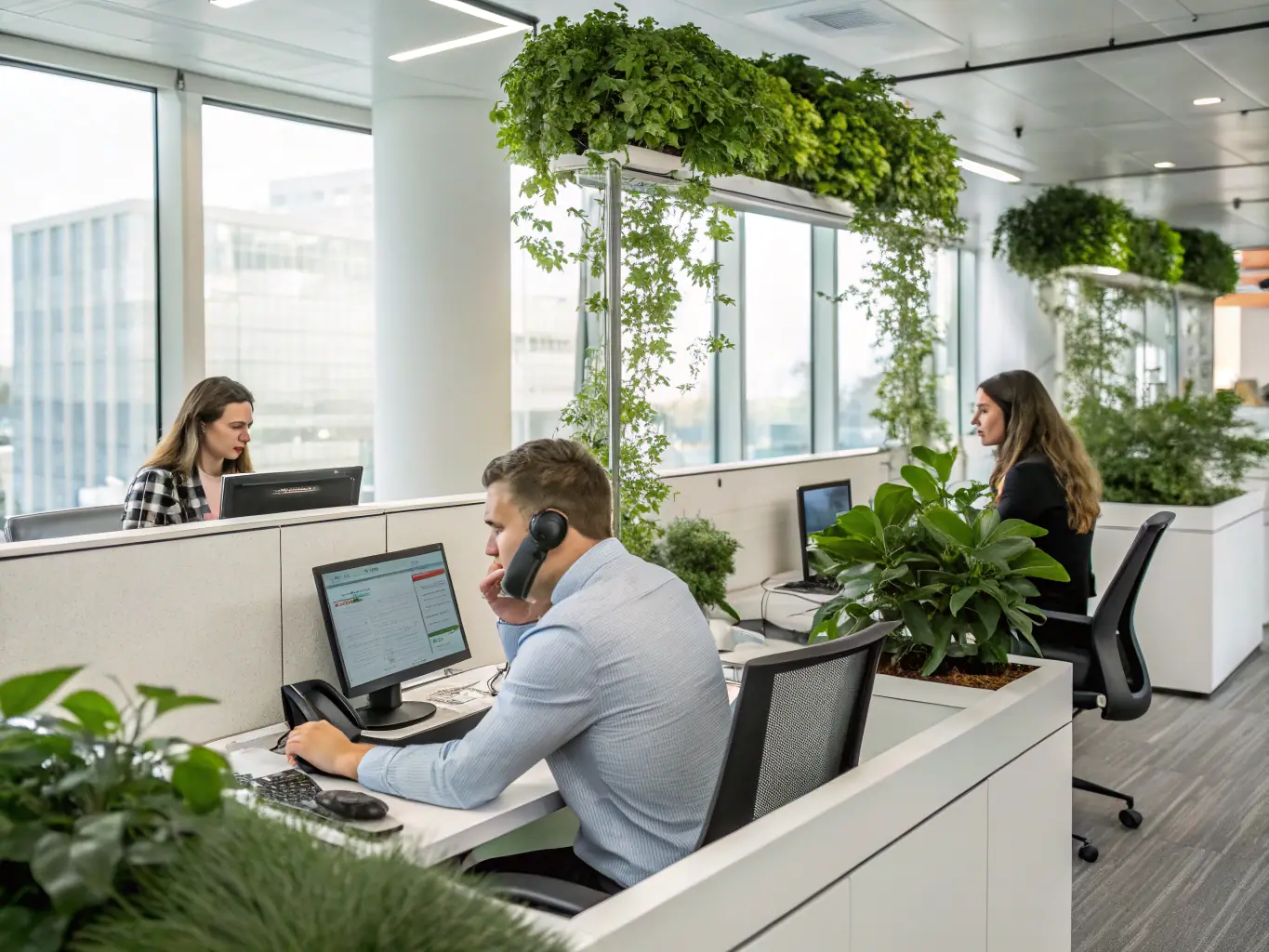 A professional office setting with employees working efficiently, showcasing the cost-effectiveness of SIP trunking by reducing traditional phone line expenses.