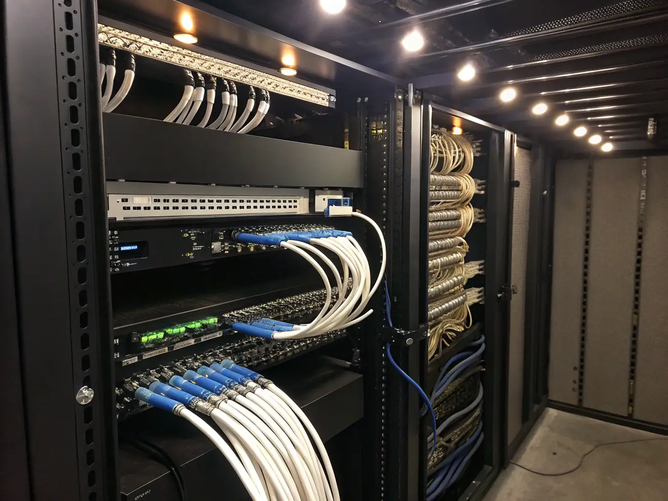 A close-up shot of labeled cables in a structured cabling system, emphasizing the importance of organization and easy maintenance for DataTel 360's clients.