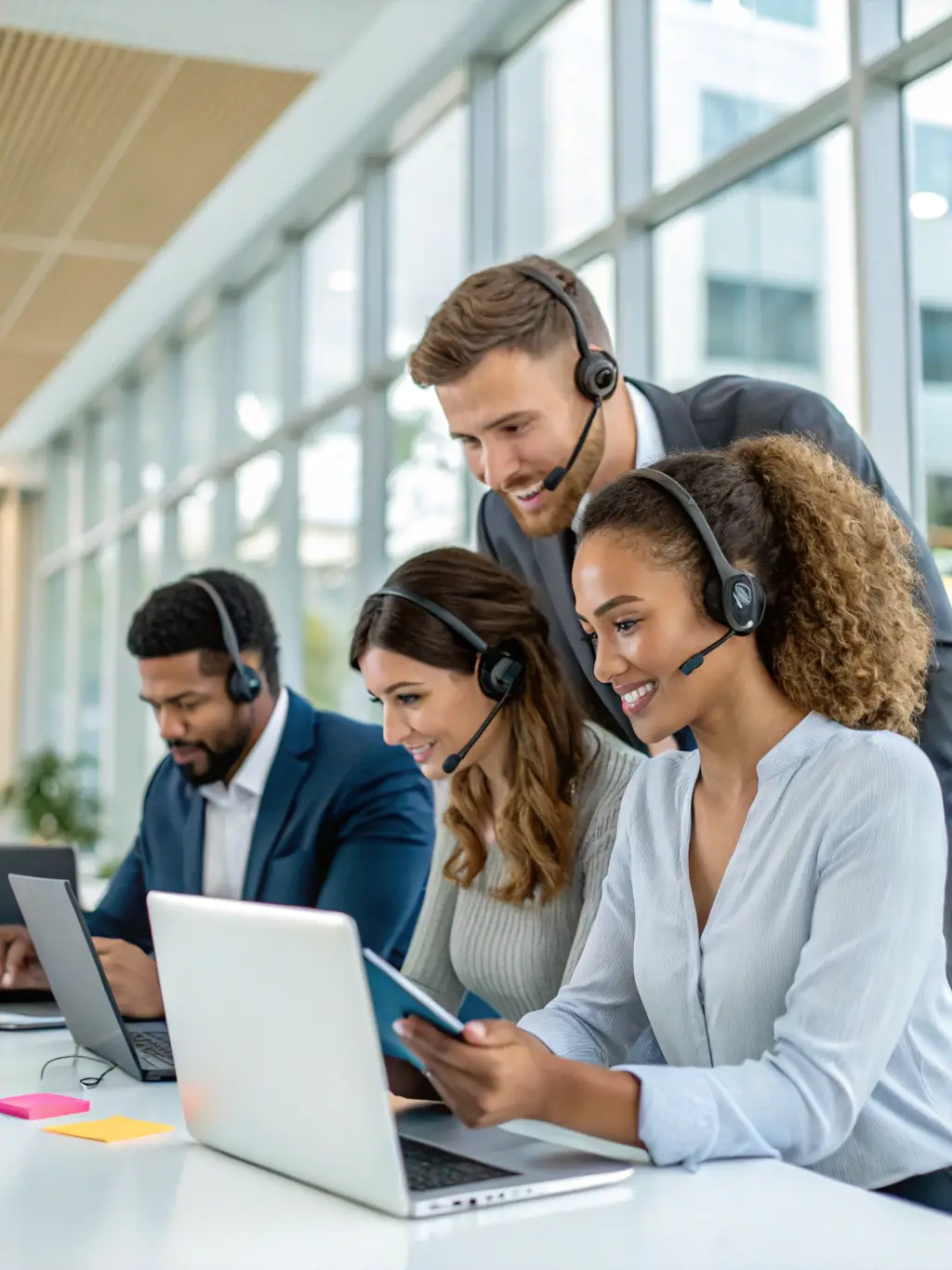 A professional photo of a modern office environment with employees using cloud-based VoIP phone systems, showcasing seamless communication and collaboration.
