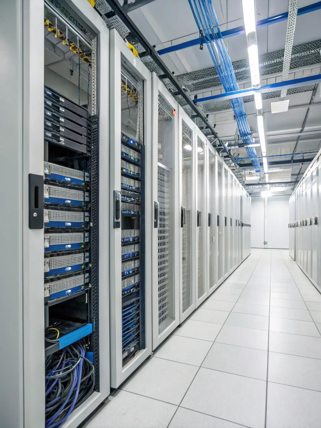 A photo of a well-organized data center with neatly arranged and labeled network cables, showcasing the importance of cable management.