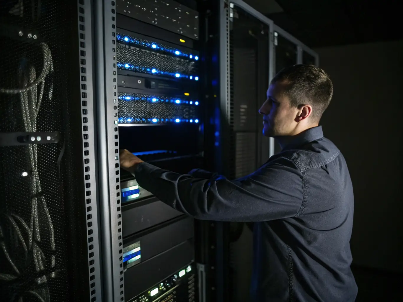 A technician replacing a component inside a server, demonstrating hardware replacement services.