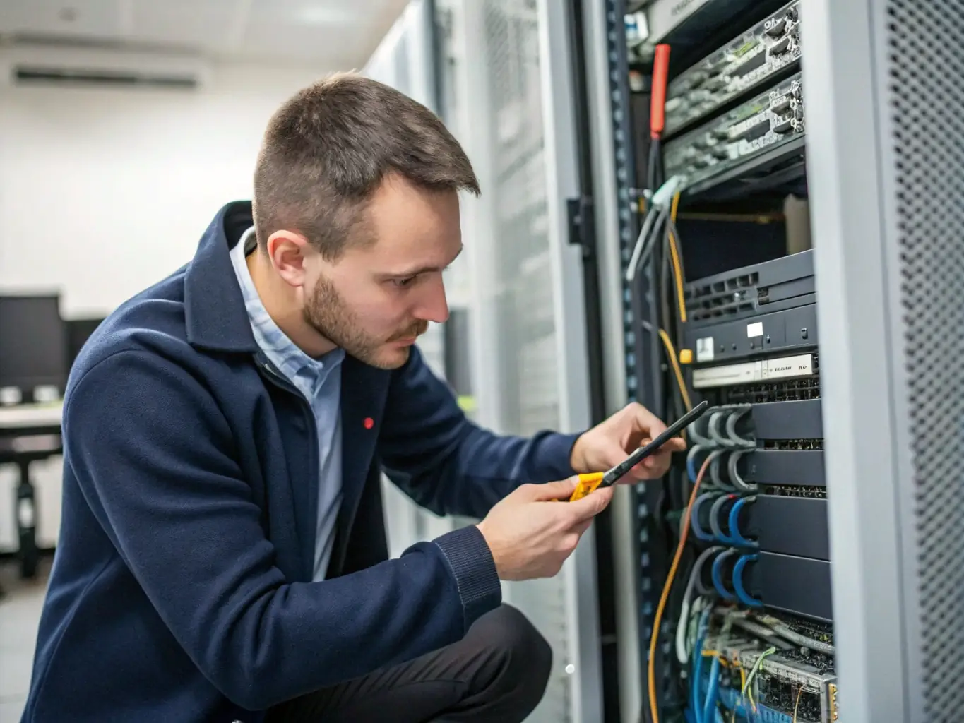 A close-up shot of a technician meticulously labeling patch panels in an MDF room, emphasizing the importance of clear and accurate labeling.