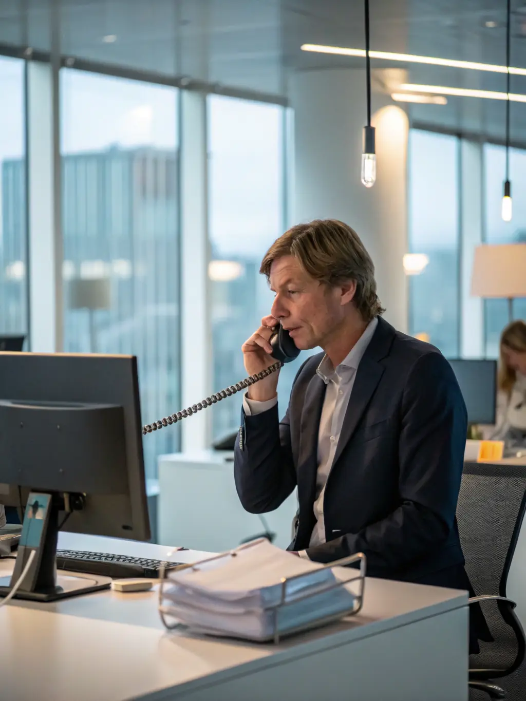 A clear VoIP phone call taking place on a modern desk phone, with a happy employee in the background, illustrating clear communication.