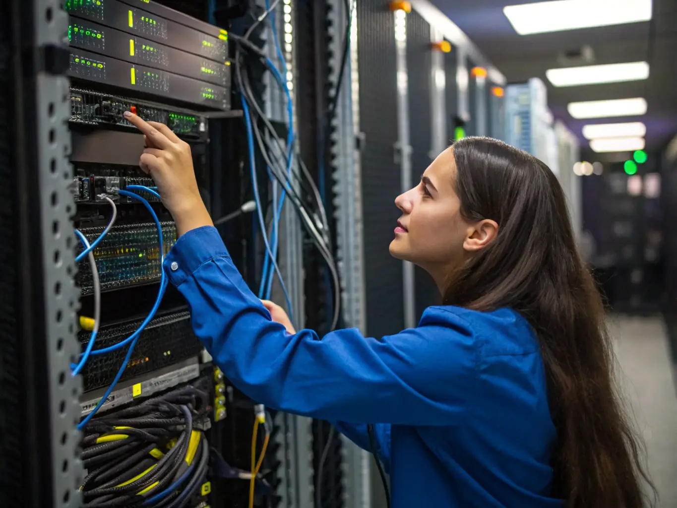 A technician troubleshooting a complex MDF/IDF panel with multiple cables and connections in a data center.