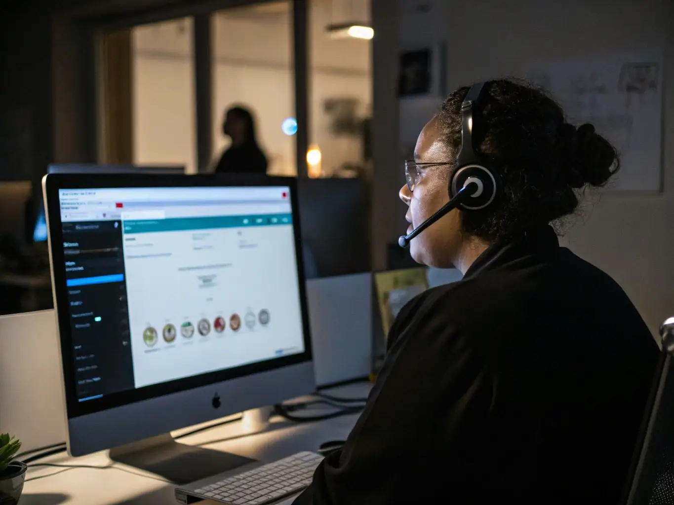 A professional using a VoIP phone in a modern office setting, highlighting clear audio quality and seamless communication.