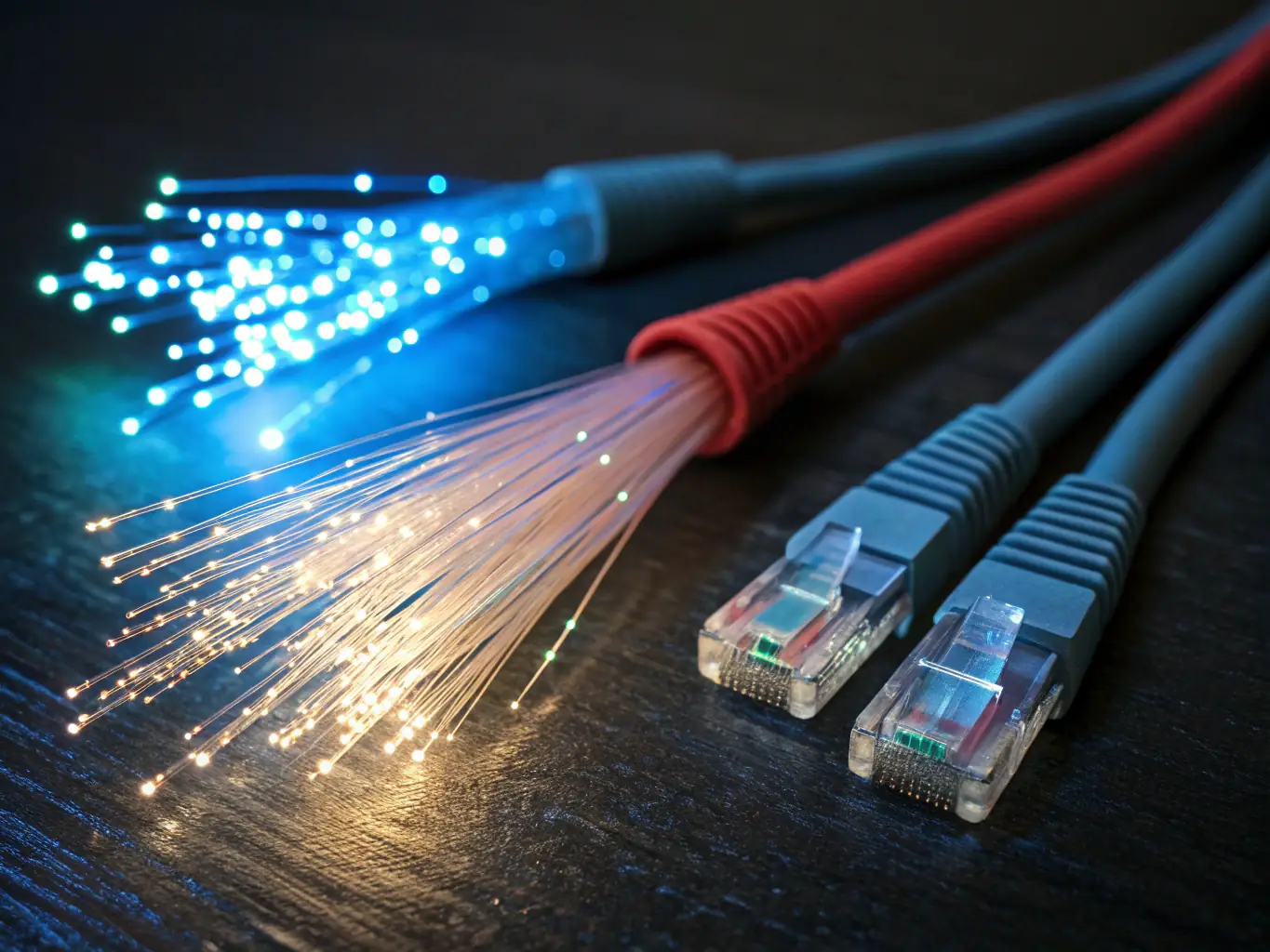 A close-up shot of a fiber optic cable glowing with light, symbolizing high bandwidth and data transmission speeds, set against a blurred background of a modern office environment.