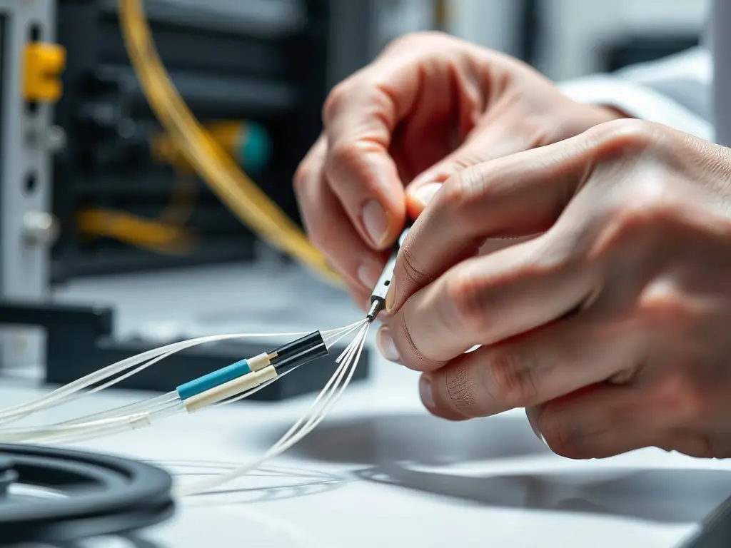 An image of a technician carefully splicing fiber optic cables, showcasing the specialized skills and precision required for fiber installation.