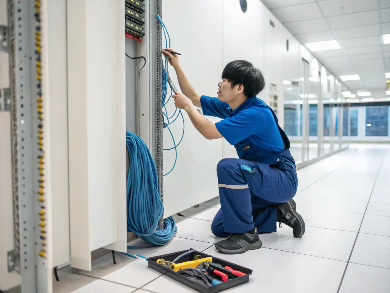 A technician installing fiber optic cables in a commercial building, highlighting DataTel 360's expertise in fiber optic installation.