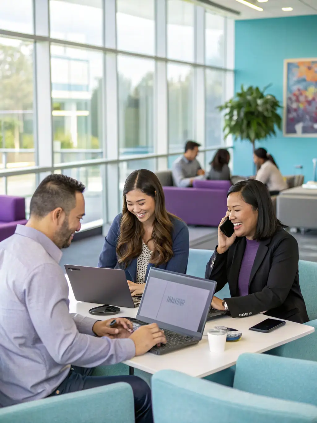 A professional office setting with employees collaborating seamlessly using headsets and softphones, showcasing the ease of communication with a Hosted PBX system.