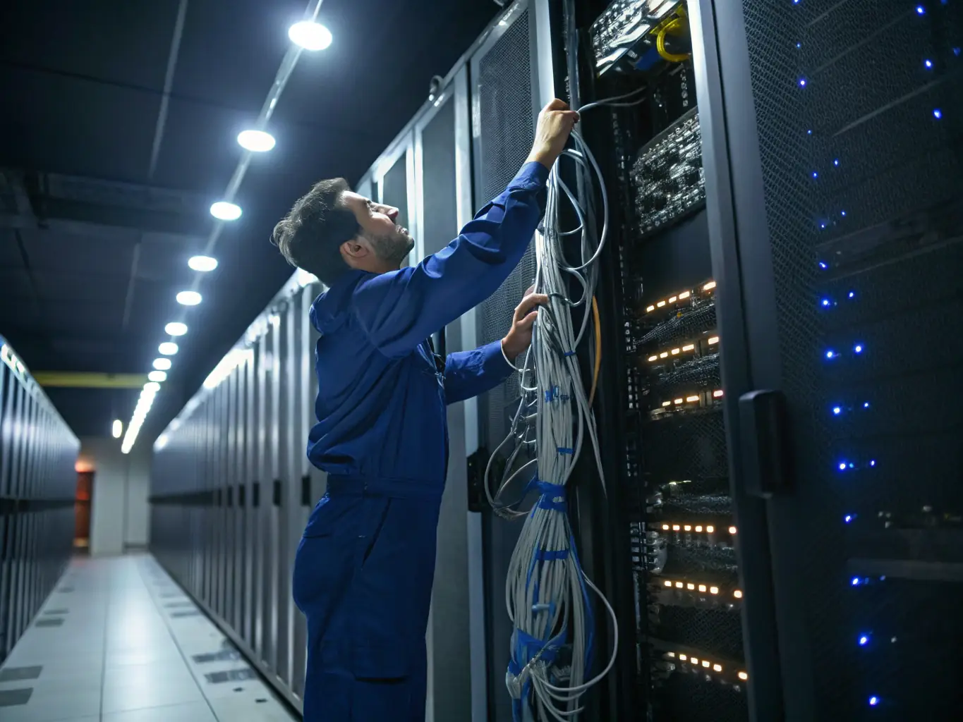 A close-up shot of a DataTel 360 technician meticulously installing network cables in a server room, showcasing their attention to detail and professional expertise.