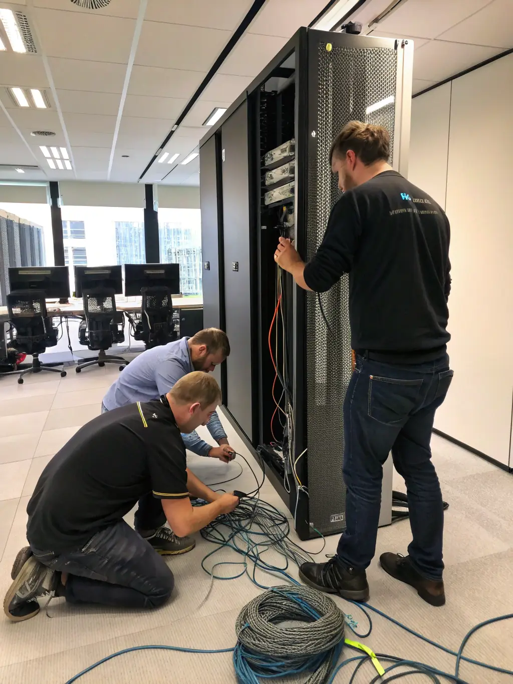 A wide shot of a DataTel 360 team working on a large-scale cabling project in a modern office building, emphasizing their nationwide deployment capabilities.