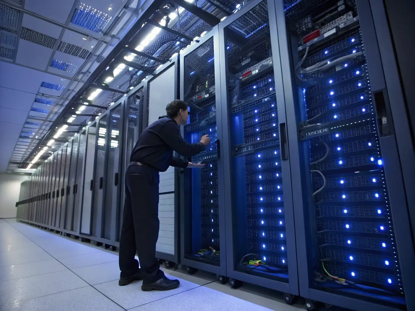 A brightly lit data center room filled with rows of server racks, showcasing complex fiber optic cabling and connections, symbolizing DataTel 360's expertise in providing robust data center solutions.