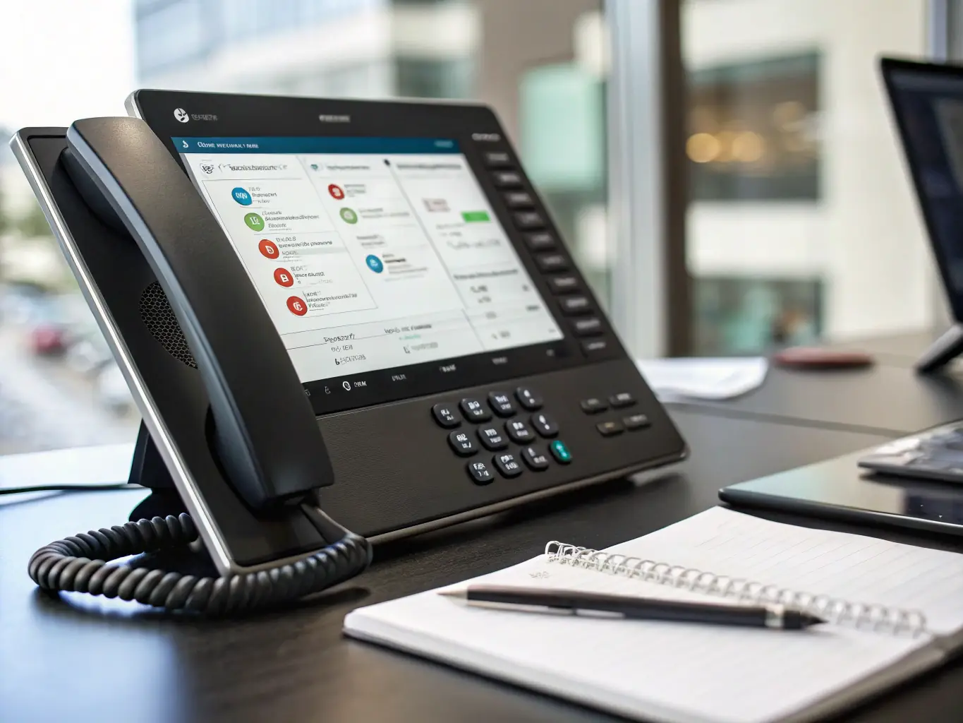 A close-up shot of a VoIP phone displaying advanced features such as call forwarding, voicemail-to-email, and integrated contact management.