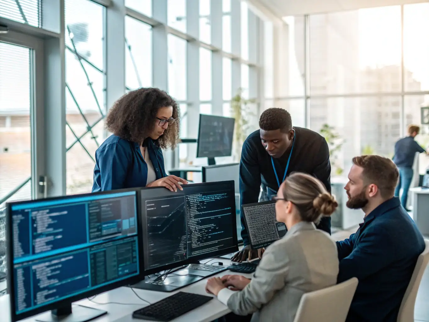 A photograph showcasing DataTel 360's team working simultaneously at multiple business locations, highlighting their multi-location capability and seamless service delivery.