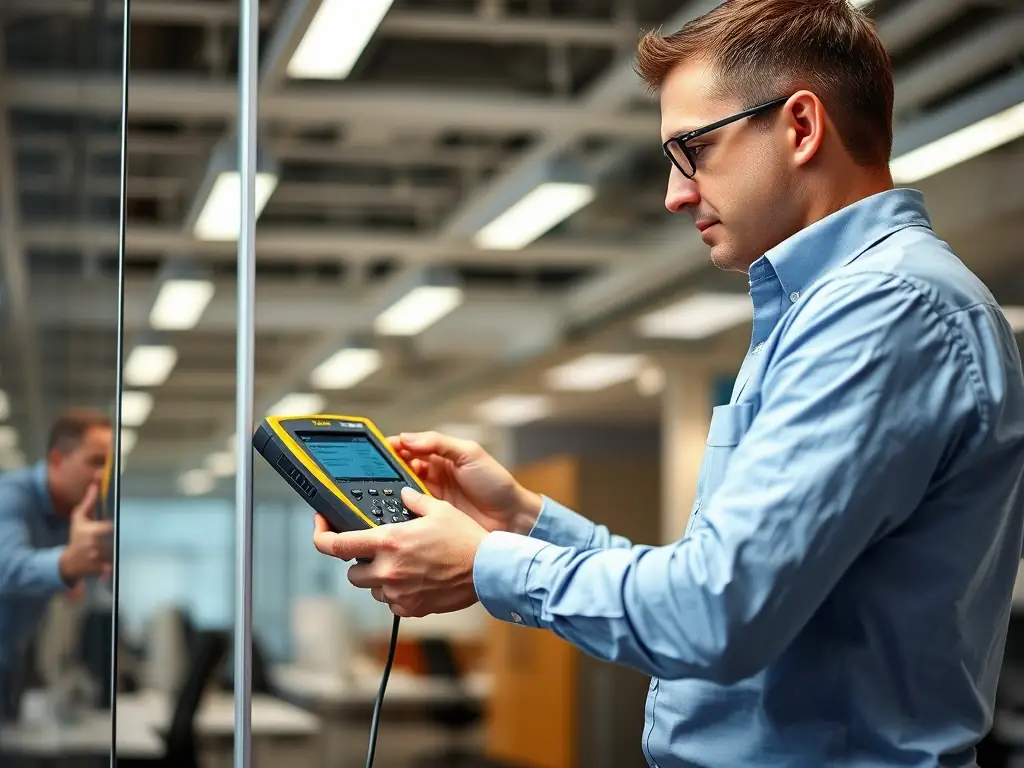 A technician using a Fluke testing device to certify a newly installed network cable, highlighting DataTel 360's rigorous testing process.