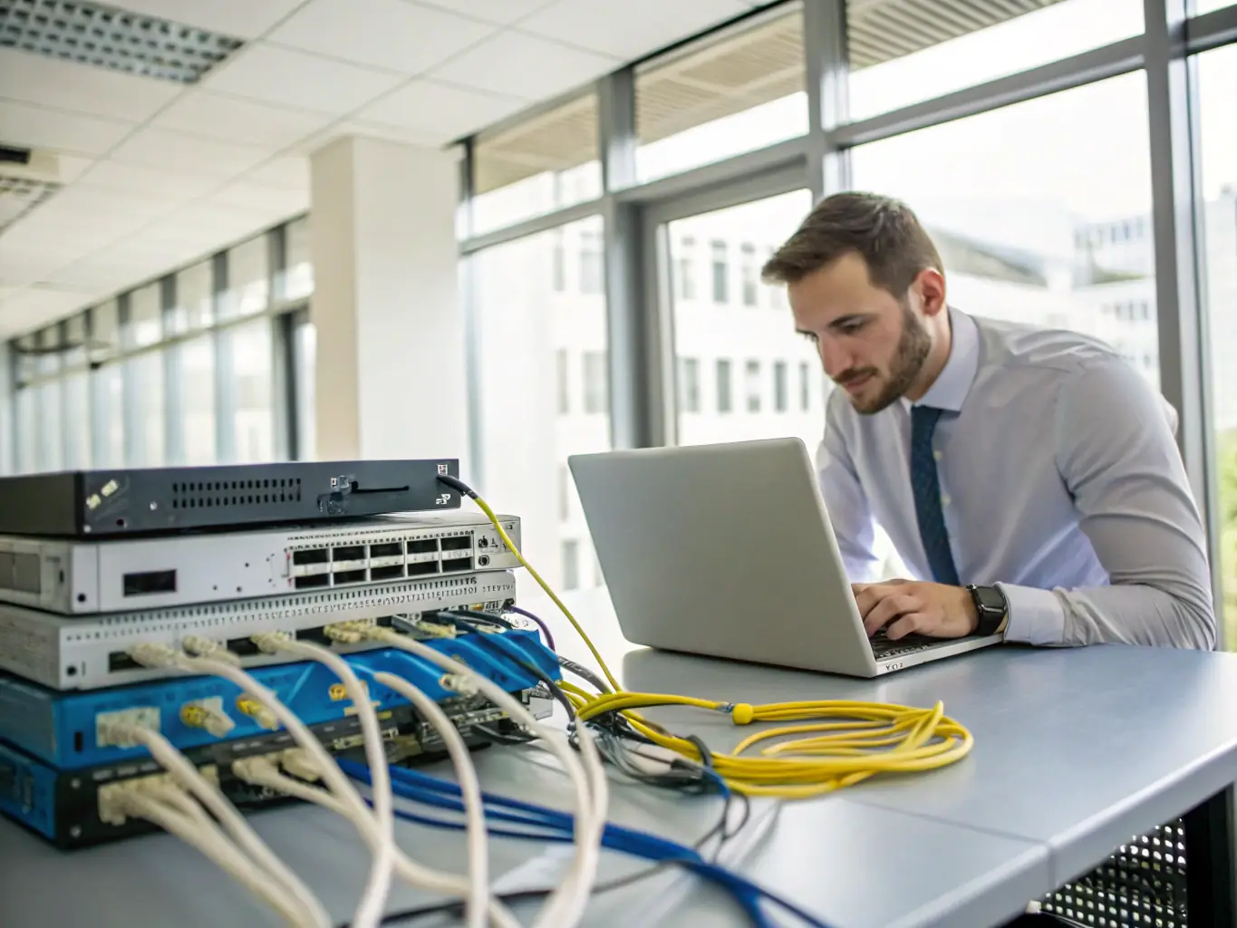 A network engineer configuring a router and switch, ensuring the network is fully prepared for the new business phone system.