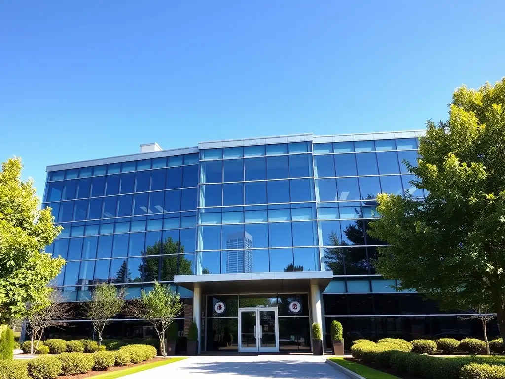 A professional photograph of DataTel 360's headquarters in Atlanta, Georgia, showcasing a modern office building with the company logo prominently displayed. The image should convey a sense of stability and local presence.