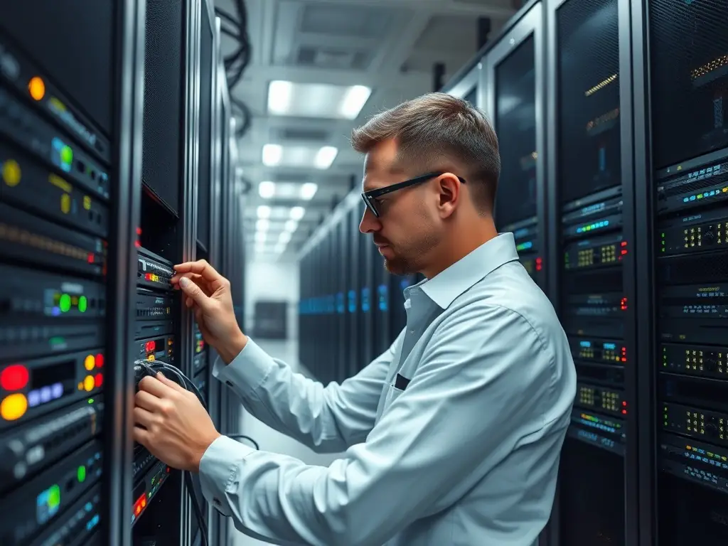 A technician installing network cables in a server room, highlighting network installation services.