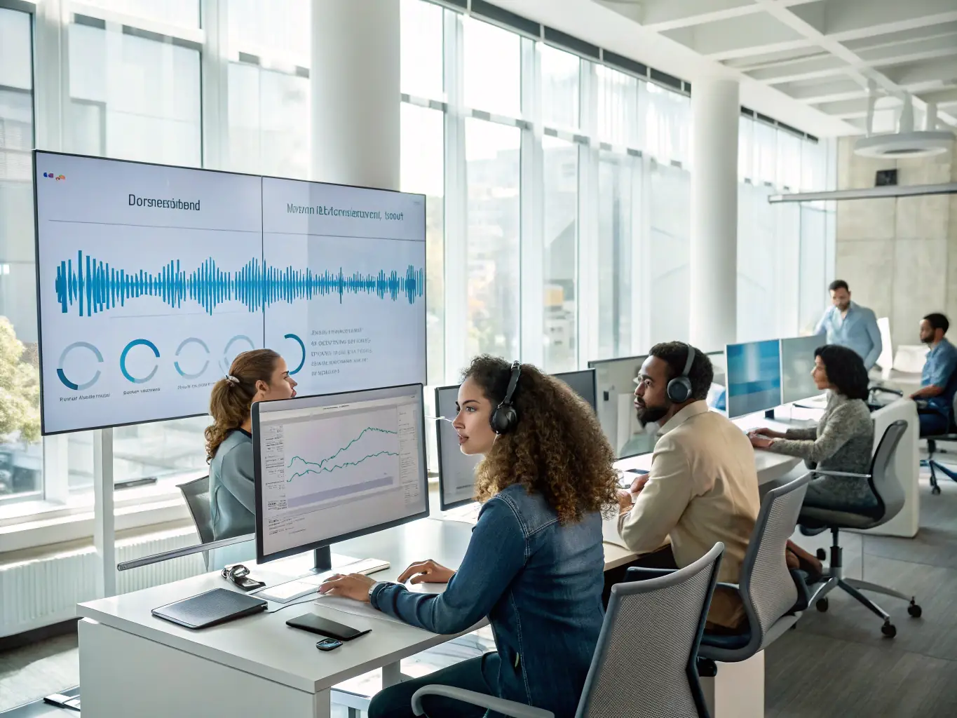 A professional office setting with employees collaborating using Intermedia Unite on their desktop computers and mobile devices, showcasing the platform's unified communication capabilities.