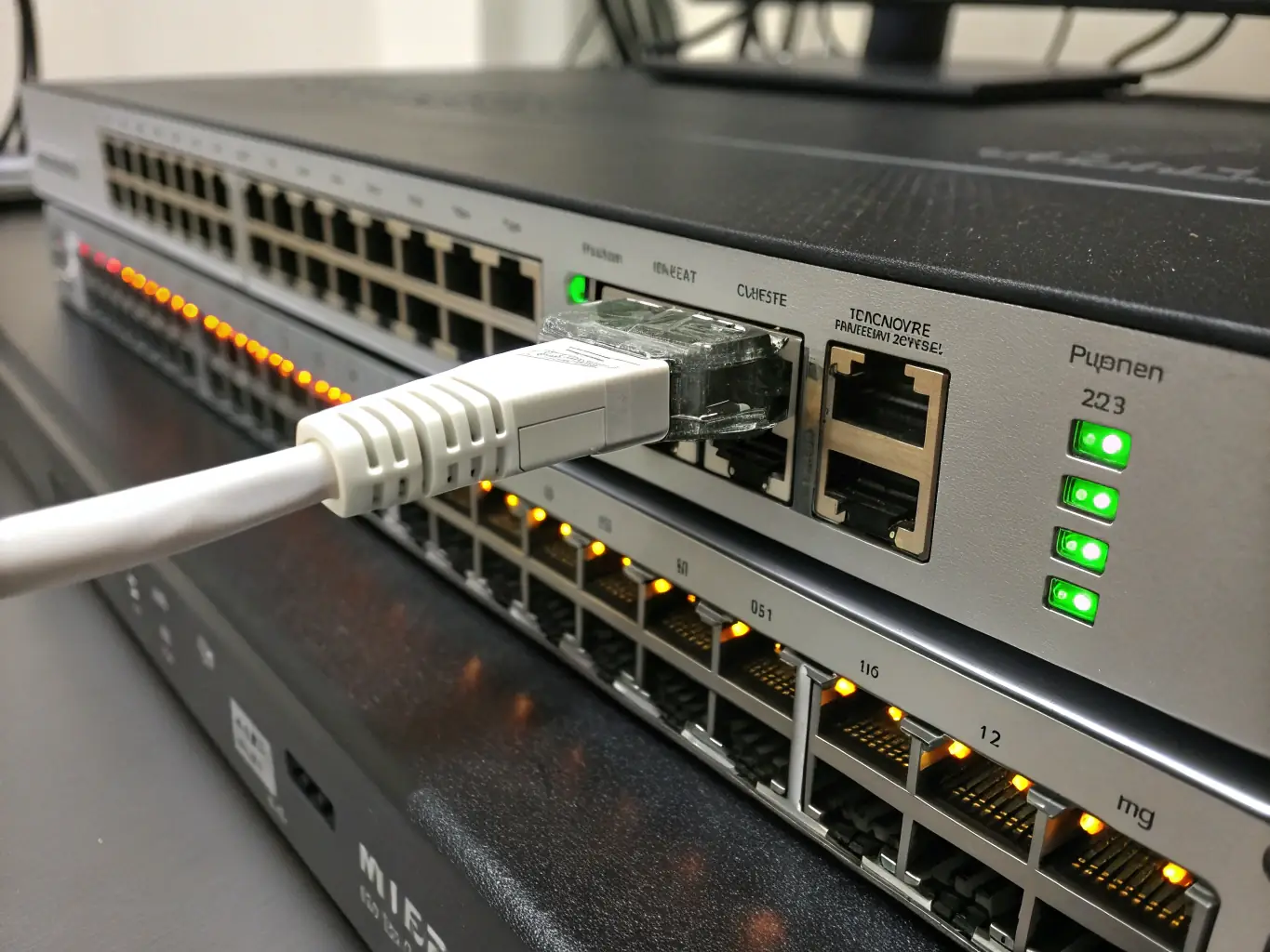 A network switch with blinking lights, representing low latency and real-time data processing, with a focus on the speed and efficiency of data transmission.