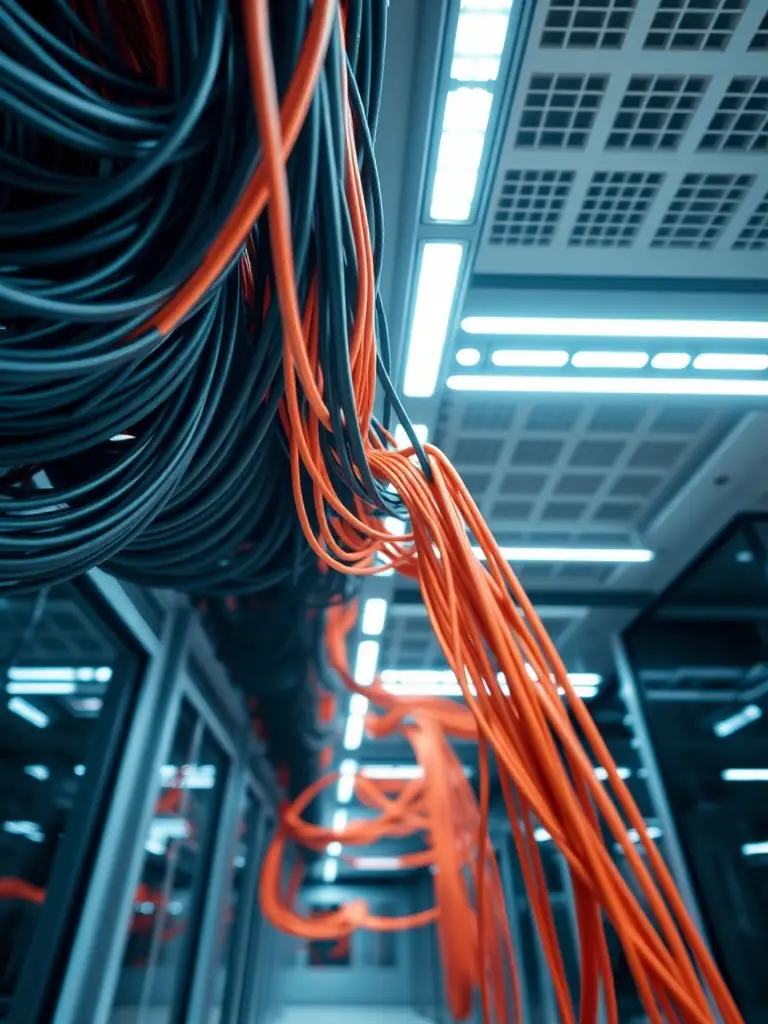 A close-up shot of a perfectly installed Cat6 cable run in a modern office environment, highlighting the neatness and organization of the cabling.