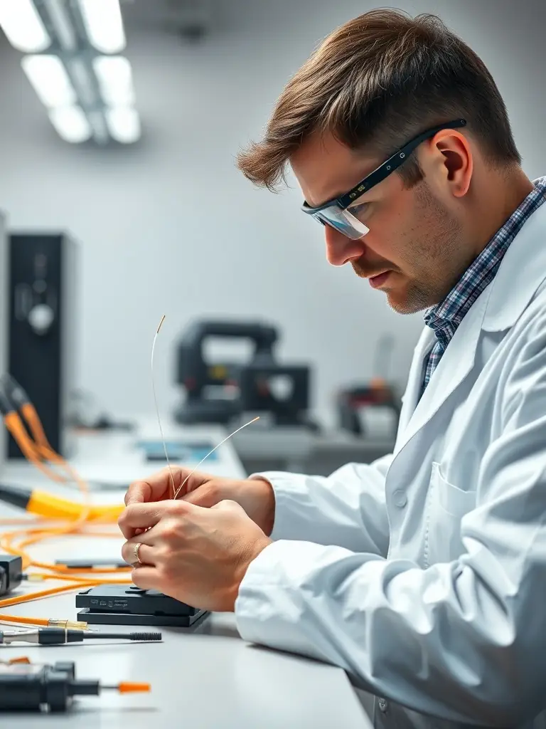 An image of a technician carefully splicing fiber optic cables, showcasing the precision and expertise involved in fiber termination.
