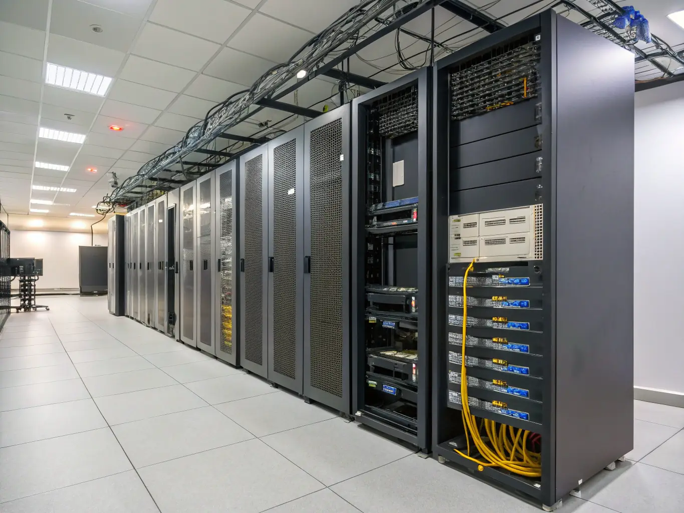 A server room with neatly organized cabling, highlighting the importance of high-speed data transfer and reliable network infrastructure.