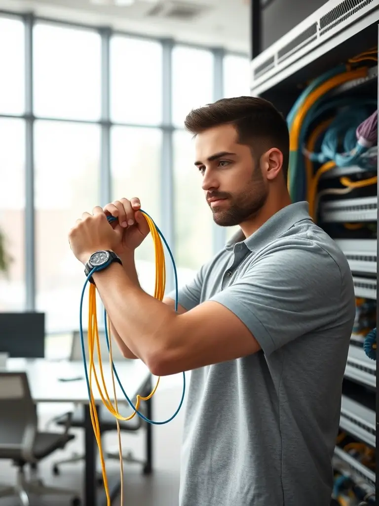 A professional installer pulling Cat6 cable through a ceiling, showcasing a clean and organized cabling installation for a business network.