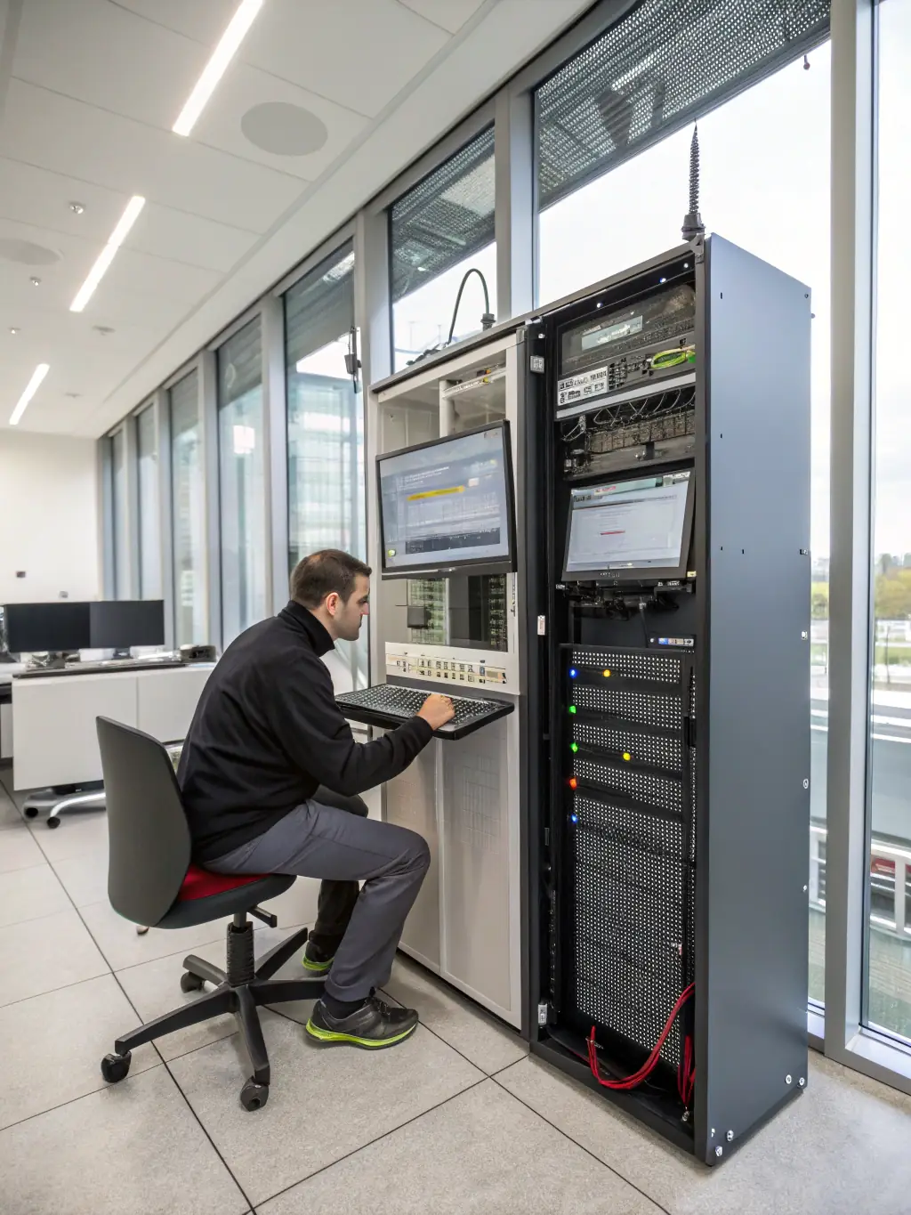 A professional technician installing a VoIP phone system in a modern office environment, showcasing the installation process.