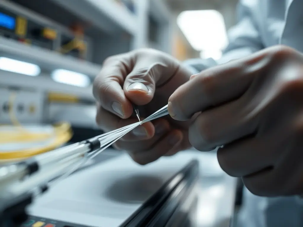 A close-up shot of a fiber optic cable being professionally installed in a modern office setting, showcasing the precision and care taken during the installation process.