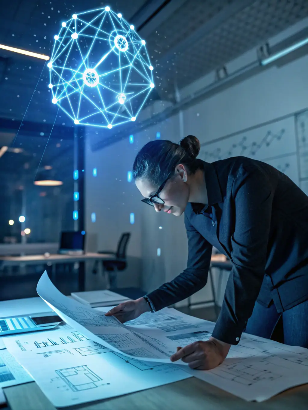 A professional IT technician meticulously planning a network layout with blueprints and digital tools, showcasing DataTel 360's design-first approach to network installation.