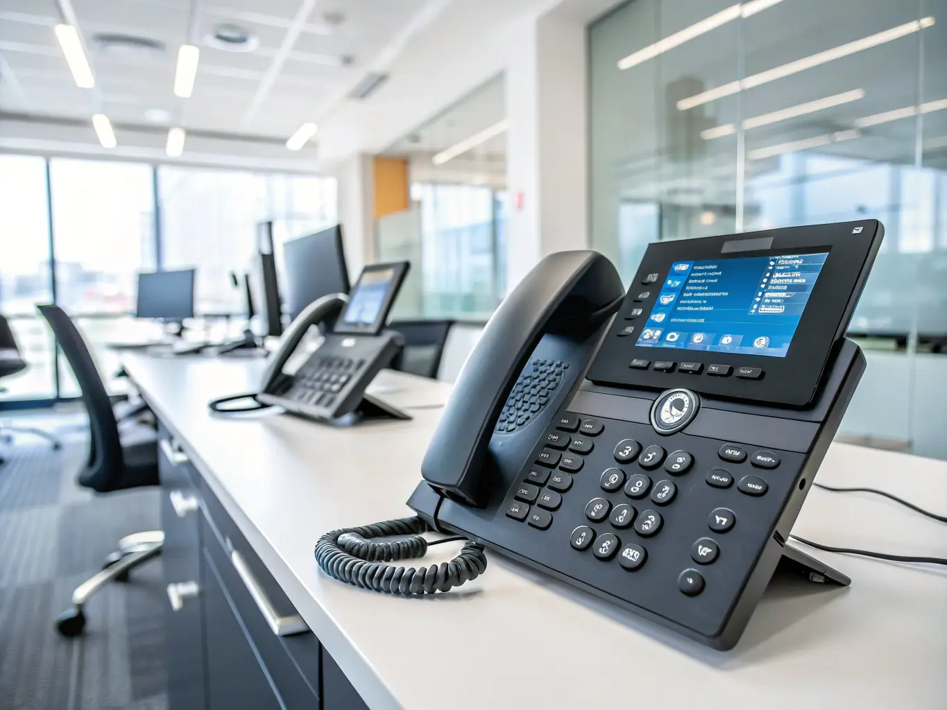 A photo of DataTel 360 technicians installing a modern VoIP phone system in a new office space, showcasing a clean and organized setup.