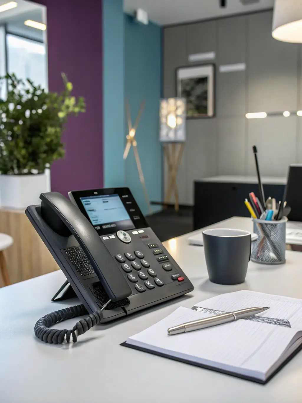 A modern office setting with VoIP phones installed, showcasing the integration of VoIP technology into the business environment.