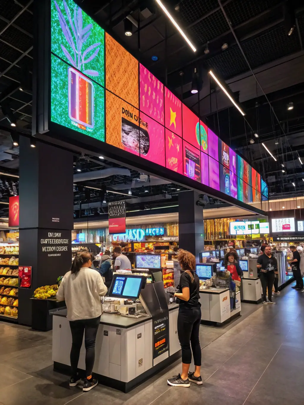 A vibrant retail store with hidden network cables powering point-of-sale systems, security cameras, and customer Wi-Fi, demonstrating reliable connectivity.