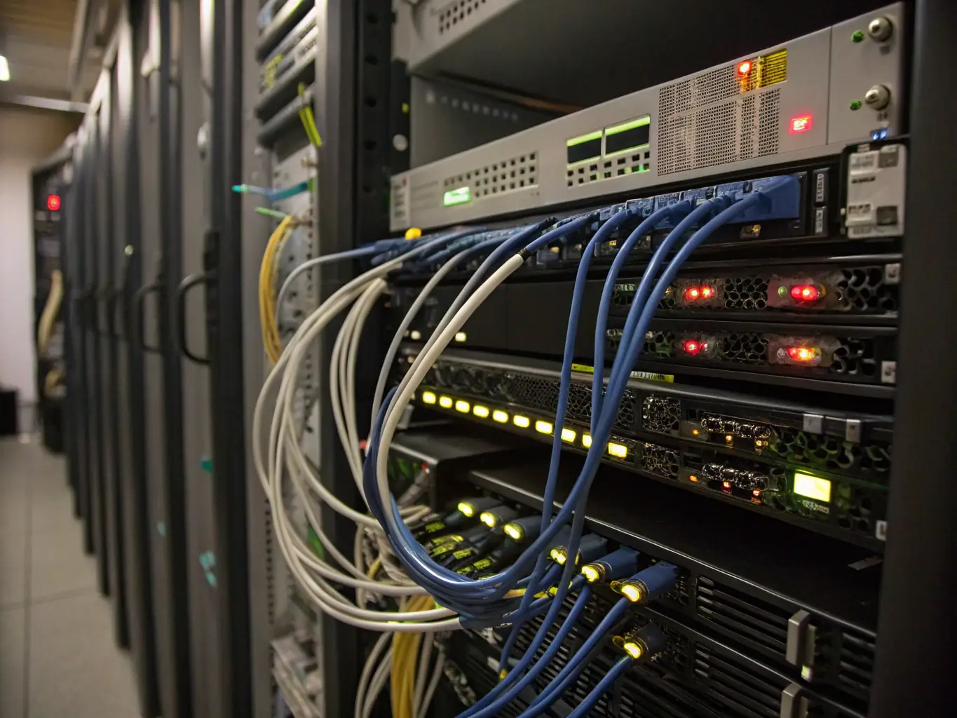 A close-up shot of neatly installed Cat6 cables in a server room, highlighting the organization and professional installation by DataTel 360.