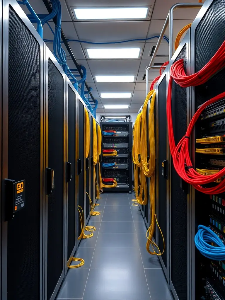 A well-organized server room with clearly labeled and neatly arranged network cables, showcasing the benefits of structured cabling for easy maintenance and troubleshooting.