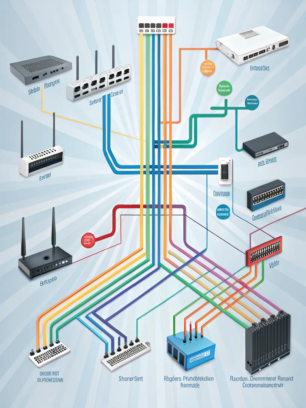 A graphic illustrating a network infrastructure with various components, highlighting DataTel 360's comprehensive understanding of network systems.