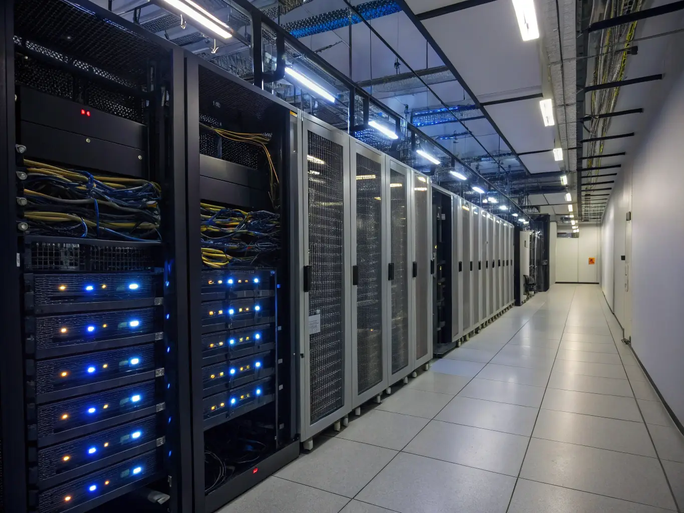 A clean and organized server room with color-coded cables neatly arranged in racks, showcasing the improved organization and manageability of a structured cabling system.