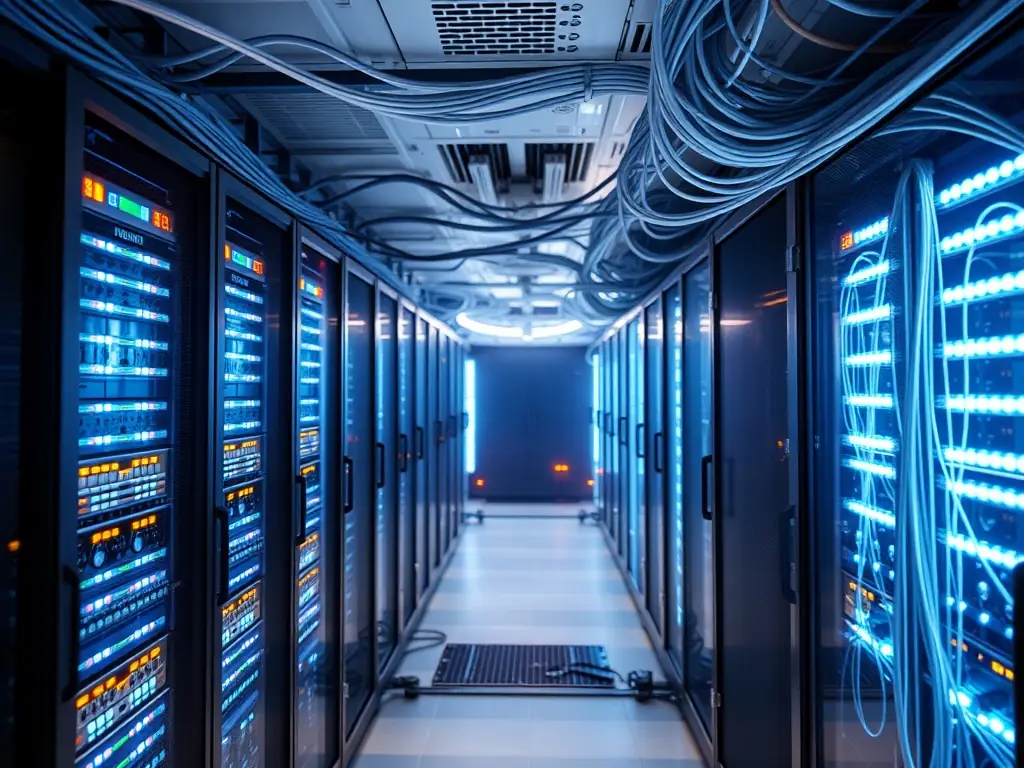 A close-up shot of neatly organized and labeled fiber optic cables in a server room, highlighting the precision and organization of DataTel 360's cabling solutions.
