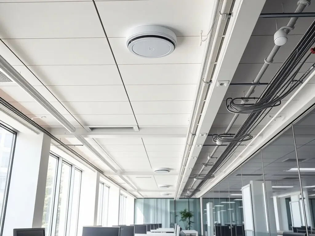 A modern office space with visible Cat6 cabling neatly installed along the walls and ceiling, showcasing a clean and organized network infrastructure.