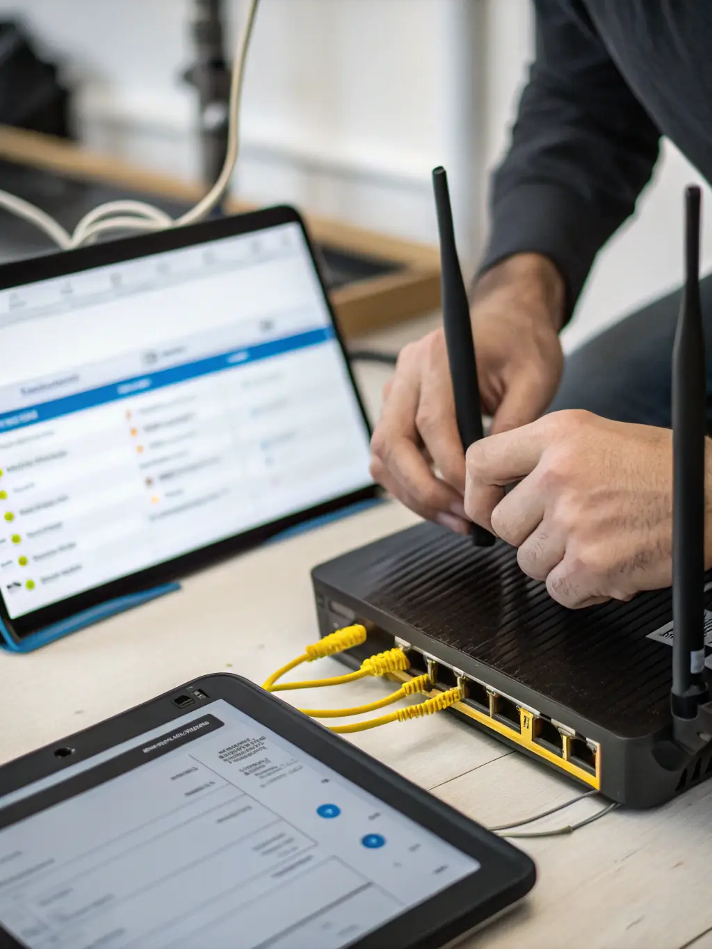 A technician configuring network settings on a newly installed router, with various cables and devices visible in the background.