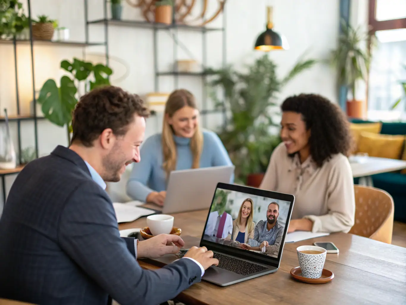 A modern office setting with employees collaborating using VoIP phones, showcasing the scalability of DataTel 360's VoIP system.