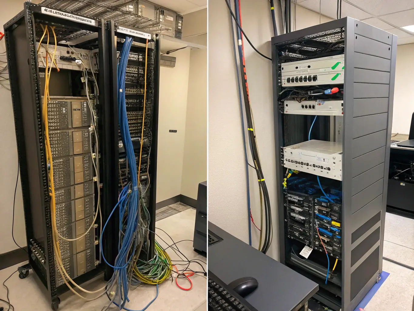 A before-and-after comparison showing a disorganized, tangled mess of cables versus a neat, labeled, and well-managed structured cabling system.