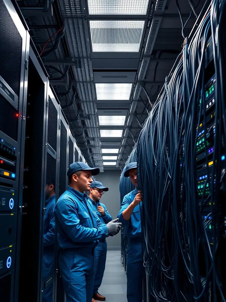A close-up shot of a technician installing Cat6 cabling in a server room, highlighting the precision and organization of the work.