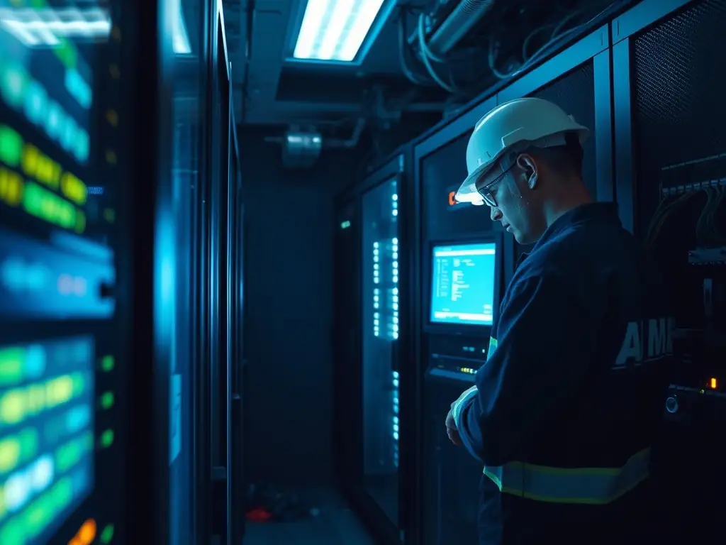 A technician using diagnostic tools on a complex phone system, highlighting the initial assessment phase of DataTel 360's repair process.