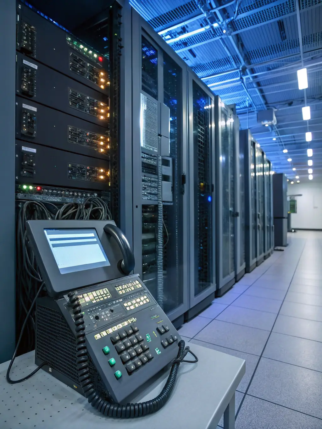 An image of a server room with hosted PBX equipment, emphasizing the reliability and security of DataTel 360's hosted PBX services.
