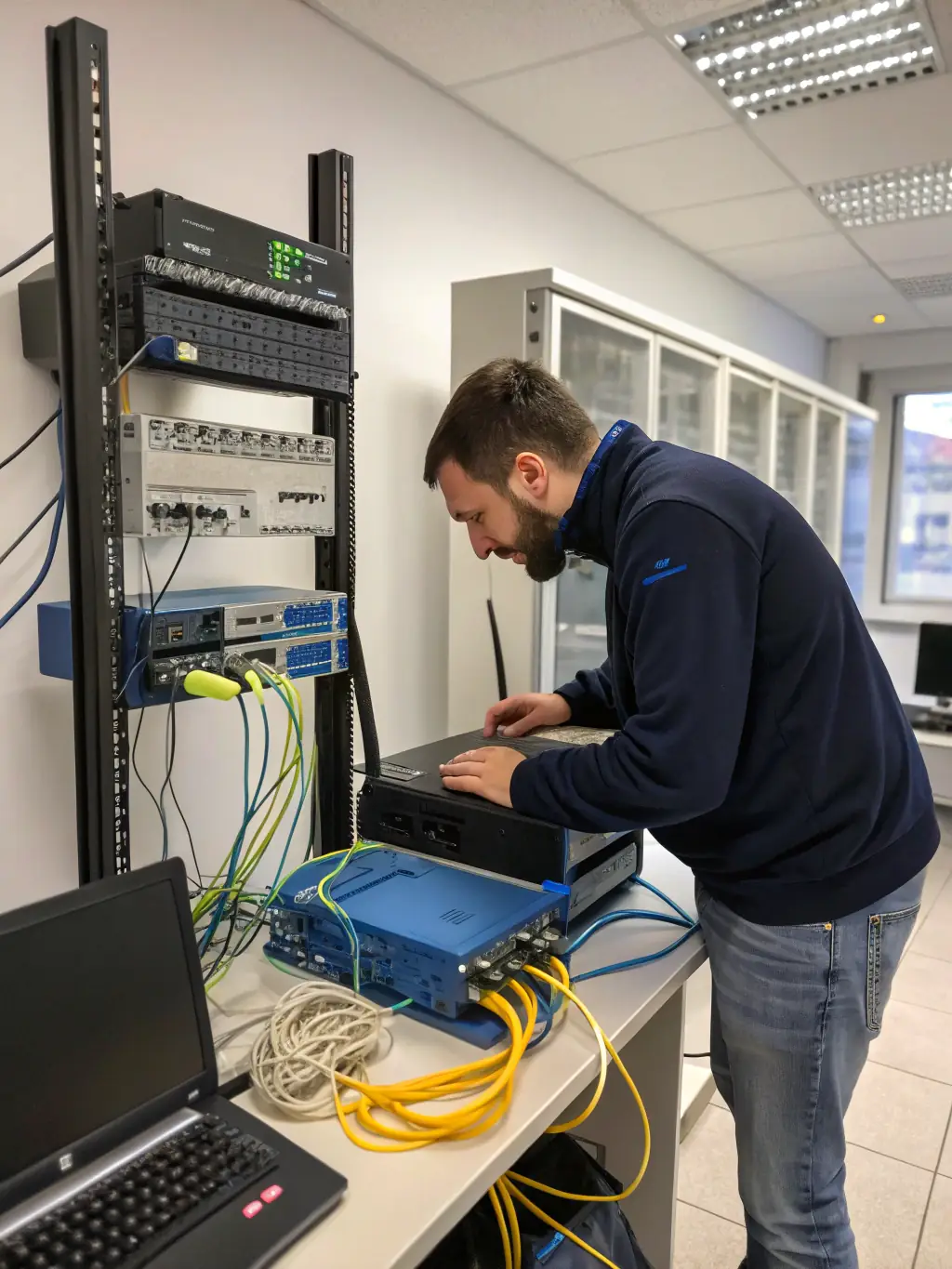 A photo of a DataTel 360 technician in College Park, GA, conducting an initial site survey with a client, discussing network cabling needs and potential solutions.