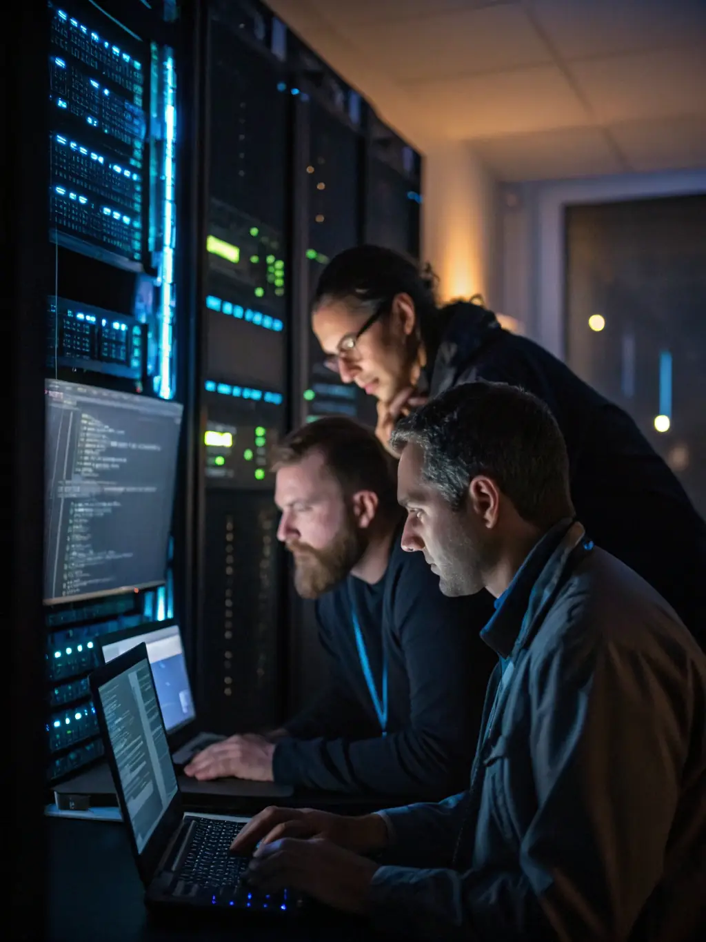 A detailed photograph showcasing DataTel 360 engineers meticulously planning a network design layout in a modern office setting, emphasizing precision and expertise.